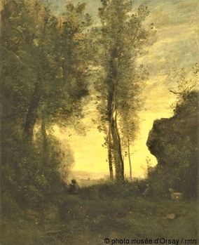 Chevrier assis jouant de la flûte dans une clairière 